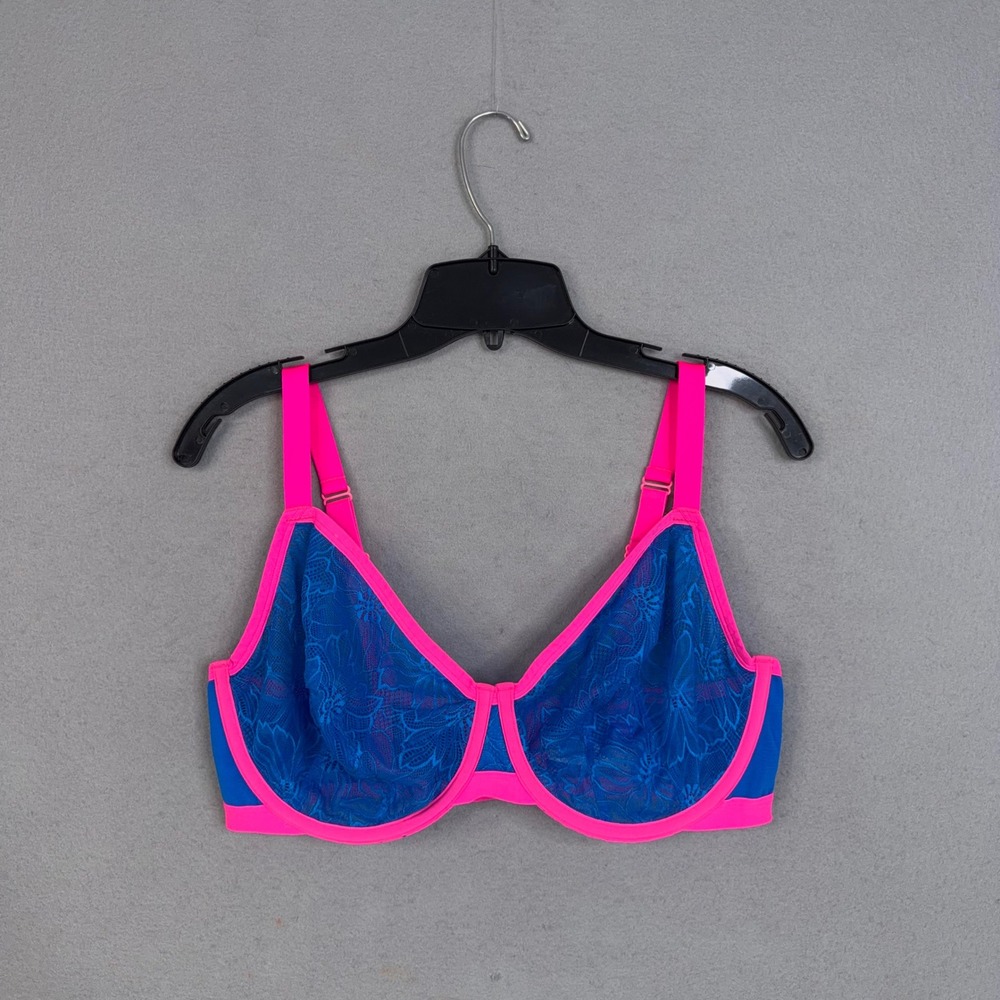Cacique Unlined Demi Bra Women 40DDD Blue Pink Floral Lace Mesh Underwire Sexy